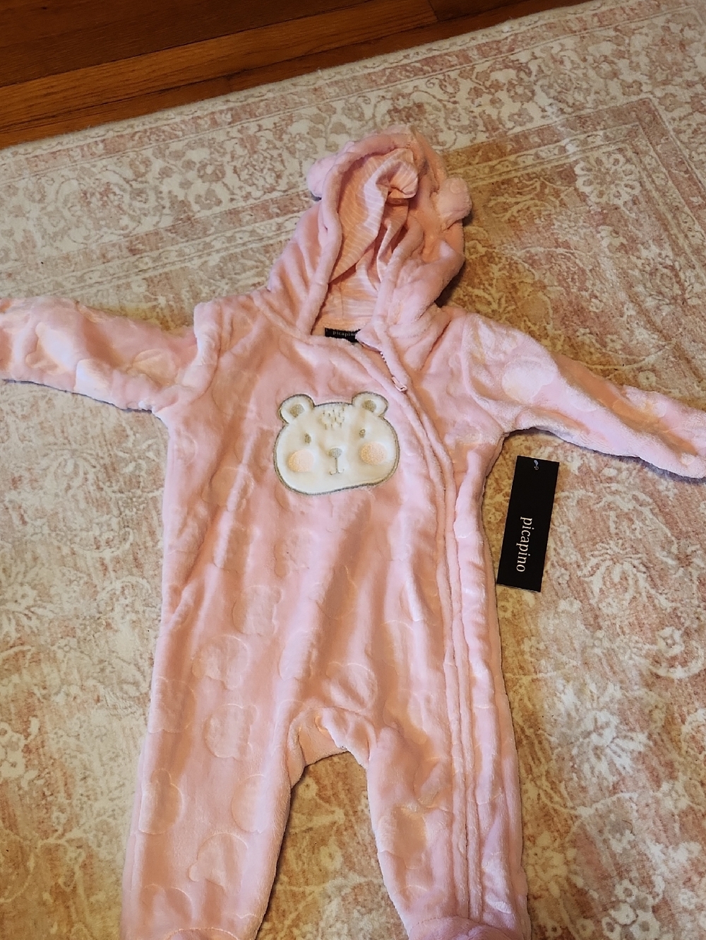 Picapino Pink Plush Hooded Baby Footie with Bear Applique